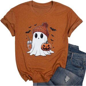 Women's Brown Cotton Blend Halloween Ghost Retro Spooky Short Sleeve T Shirt